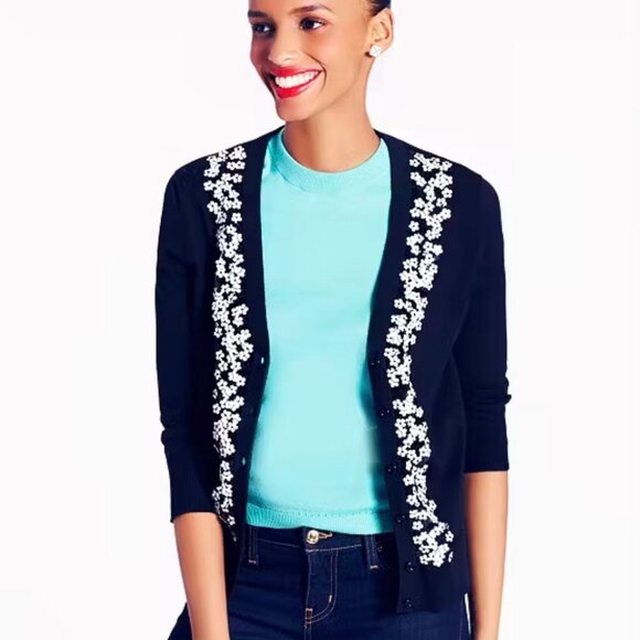 Kate Spade Sequined Kati Cardigan Black White Size Medium - Picture 3 of 10